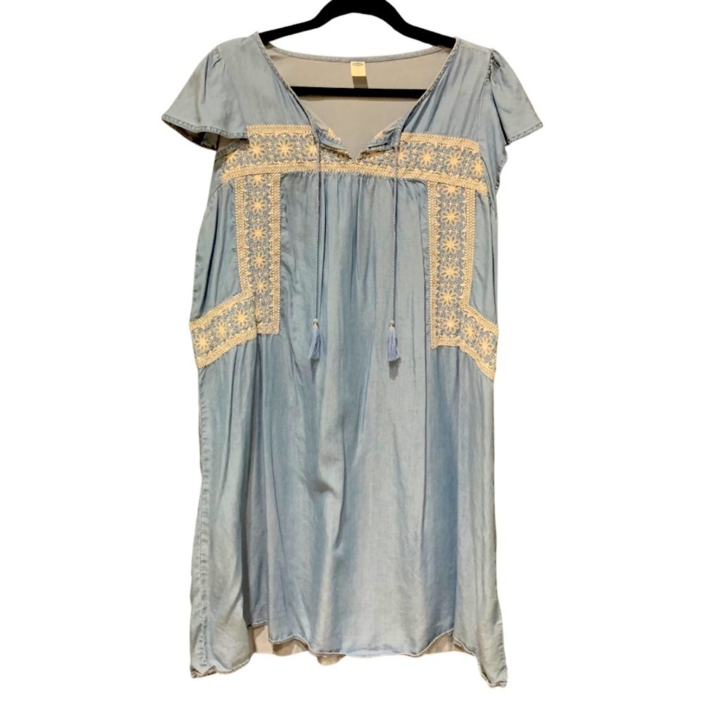 Old Navy Embroidered Denim Trapeze Short Sleeve Bohemian Dress Size Large